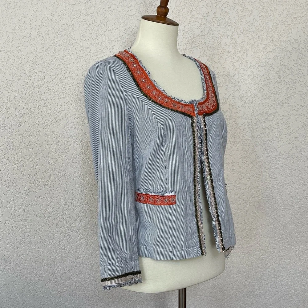 NWOT-Free People My Fair Lady embellished   trim blue pinstripe cropped jacket - Picture 5 of 9